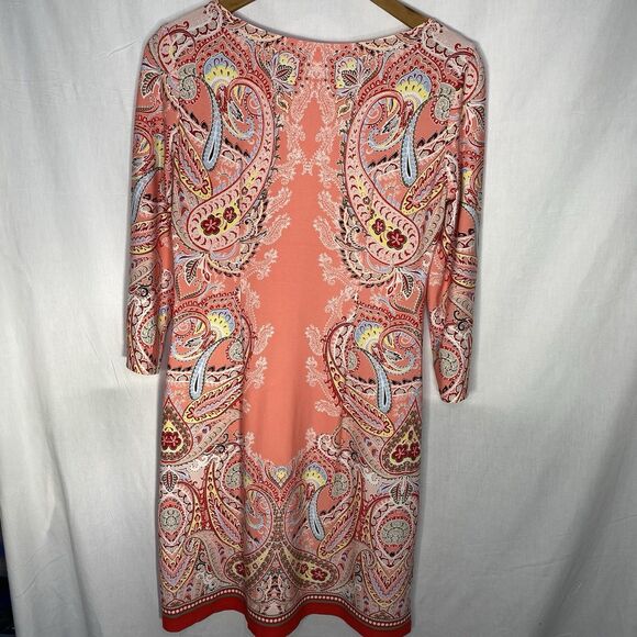 LONDON TIMES Dress Shift Boat Neck 3/4 Sleeve Paisley Print Midi Artsy Womens 4 - Picture 3 of 8